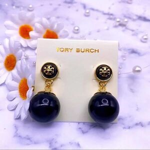 NWOT Tory Burch Gold Logo, Black Enamel Ball Dangle Stud Earings